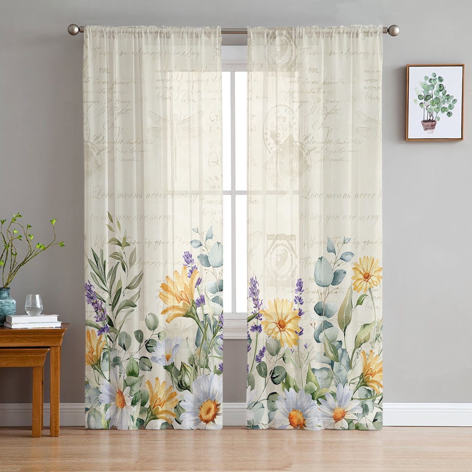 Flowers Daisies Clover Eucalyptus Plants Tulle Sheer Window Curtains