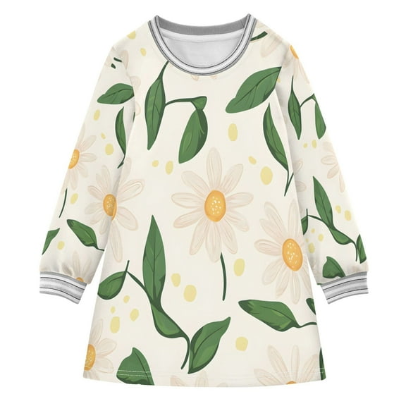 Flowers Daisy Pattern Girls'long-sleeved dress Thickened A-dress Warm Dress Basic Shirt Party Dresses