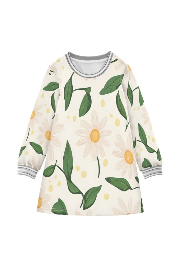 Flowers Daisy Pattern Girls'long-sleeved dress Thickened A-dress Warm Dress Basic Shirt Party Dresses