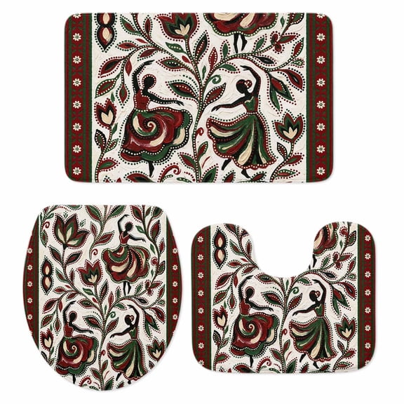 Flowers Dance Bathroom Rugs Set Abstract Red Green Dots Floral Leaf Dances Beige Non Slip Absorbent Soft Bath Mats 3 Piece Set with Bathroom Rug, U-Shaped Floor Mat, Toilet Seat Cover Small Size