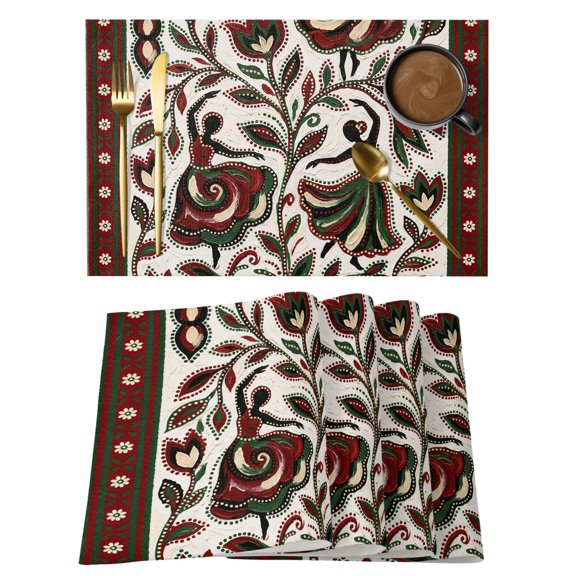 Flowers Dance Cotton Linen Placemats Set of 2, Abstract Red Green Dots Floral Leaf Dances Beige Washable Table Place Mats Heat Insulating Placemat for Dining Room Kitchen Daily Use 13 x 19 Inch