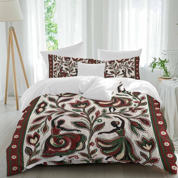 Flowers Dance Duvet Cover Set Queen Size, Abstract Red Green Dots Floral Leaf Dances Beige 4 Piece Soft Microfiber Bedding Set with Zipper Closure, 1 Comforter Cover, 1 Flat Sheet, 2 Pillowcases