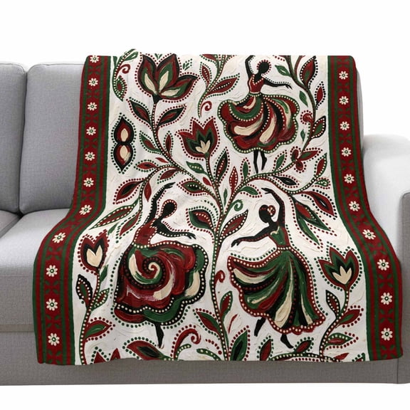 Flowers Dance Fleece Throw Blanket Lightweight Abstract Red Green Dots Floral Leaf Dances Beige Fuzzy Flannel Throws Super Soft Cozy Flannel Blanket for Couch, Sofa, Bed, Travel 40"x50"