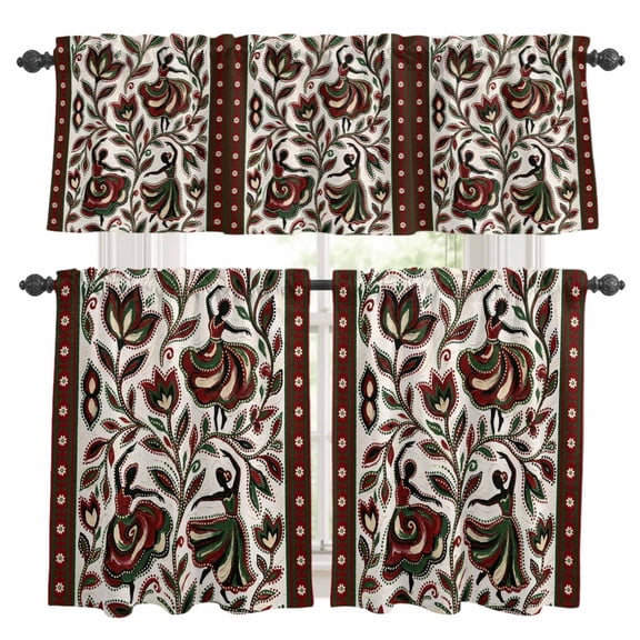 Flowers Dance Kitchen Curtains Set for Windows, Abstract Red Green Dots Floral Leaf Dances Beige Curtains Valance and Tier 3 Piece Set Small Drapes 36 Inch Length for Kitchen Bedroom Decor