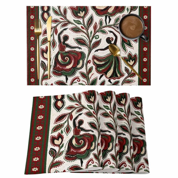 Flowers Dance Placemats Set of 4, Abstract Red Green Dots Floral Leaf Dances Beige Non-Slip Place Mats Washable Table Mats for Kitchen Dining Table Decorations Indoor/Outdoor