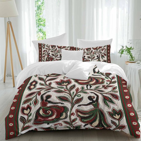 Flowers Dance Queen Duvet Cover Set, Abstract Red Green Dots Floral Leaf Dances Beige 4 Piece Microfiber Bedding Set with Zipper Closure, Bed Sheet and 2 Pillow Shams, Soft Bedding Cover
