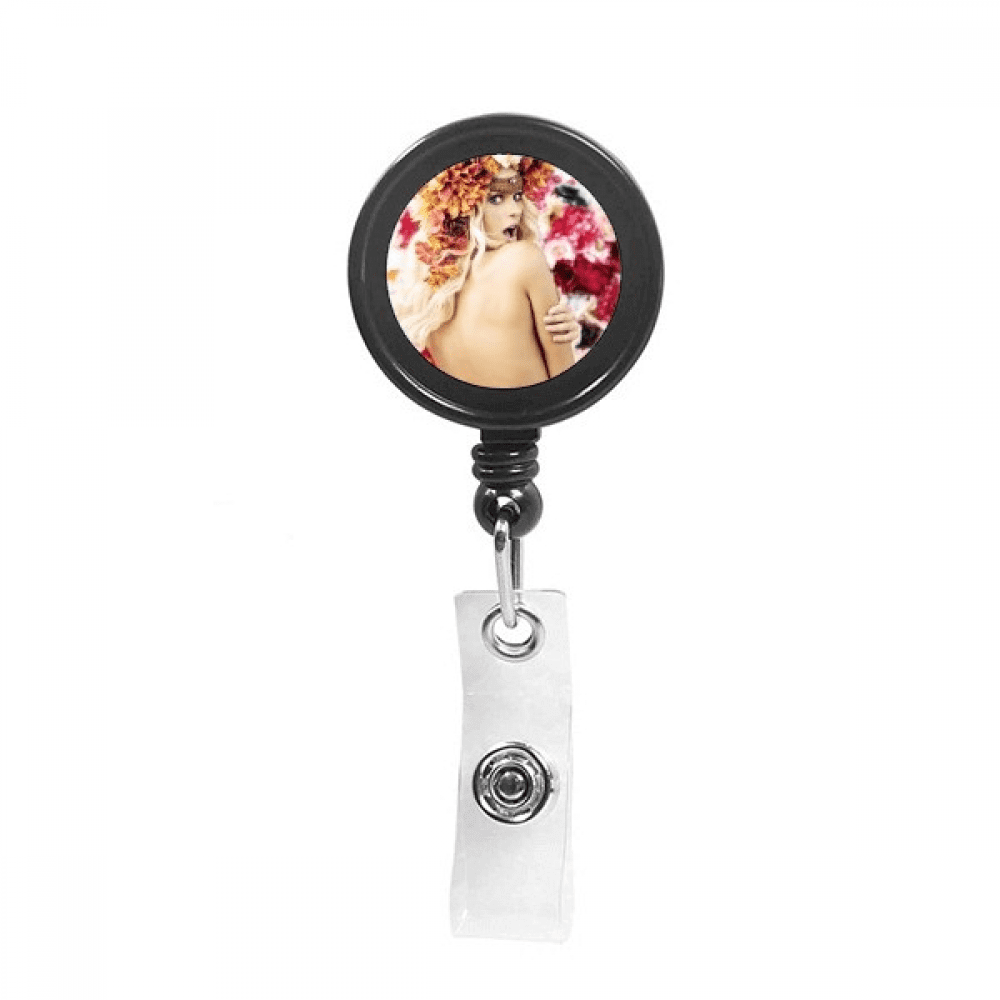 Flowers Decorated Enthusiastic Lady Retractable Keychain Badge Holder ID Badge