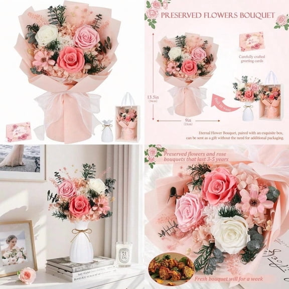 Flowers for Delivery Preserved Flowers with Vase That Last 3-5 Years Real Forever Flowers Pink Rose Bouquet for Mom Birthday Thanksgiving Christmas Gift for Women Grandma Wife Friends Her