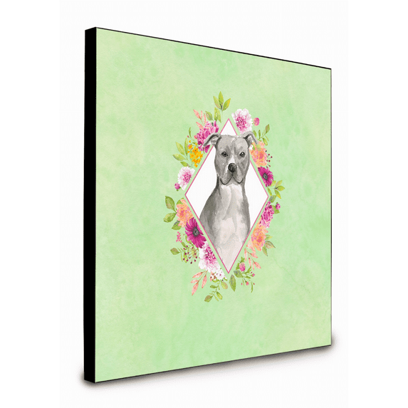 Carolines Treasures CK4429UP88 8 x 8 x 0.625 in. Blue Pit Bull Terrier Green Flowers Artwork Panel Wall Decor