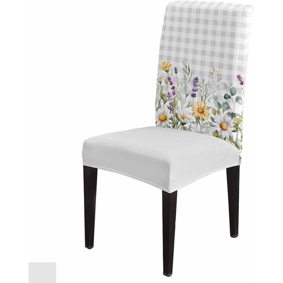 Flowers Dining Room Chair Covers Set of 8, Daisy Lavender Leaf Farmhouse Gray Plaid Stretch Chair Slipcovers Removable Washable Seat Cover Chair Protectors for Kitchen Home, Hotel Banquet