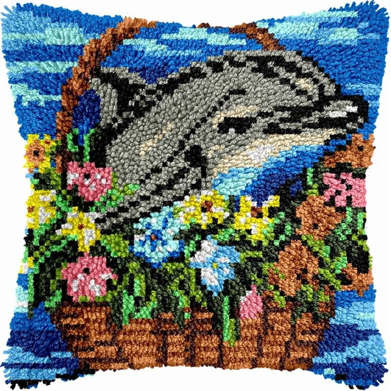 Flowers Dolphin Latch Hook Pillow Kits for DIY Handmade Throw Pillow Cushion Cross Stitch Latch Hooking Pillowcase Kits with Preprinted Canvas Crochet Yarn 17''X 17''(Y26)