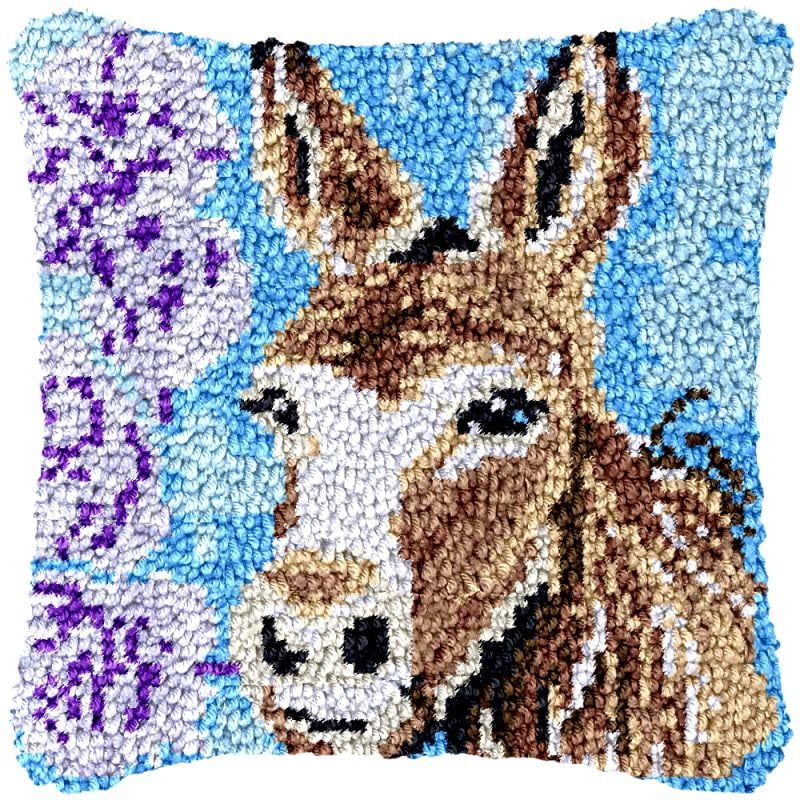 Flowers Donkey Latch Hook Pillow Cover Kits for DIY Handmade Throw Pillow Cross Stitch Latch Hook Pillowcase Rug Kits with Preprinted Color Pattern Canvas Crochet Yarn Kits 17''X 17''(fv186)