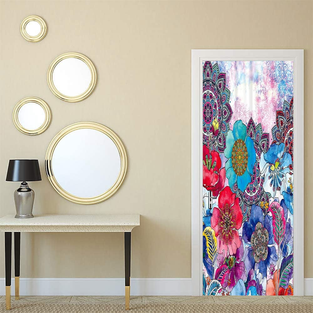 Flowers Door Stickers Wallpaper Colorful Floral Leaves Doors Murals ...