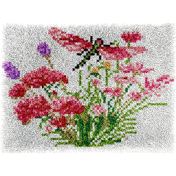 Flowers Dragonfly DIY Latch Hook Kits Rug DIY Cushion Tapestry Making Crochet Hooking Mat Making Kits Color Imprinted Pattern Canvas DIY Carpet Needlework Crochet Kits 52x38cm