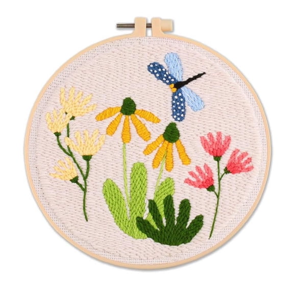 Flowers & Dragonfly Easy DIY Craft Punch Needle Embroidery Kits Rug for Starter Kits with Stamped Color Pattern with Instruction,Yarn and Embroidery Handle Needle Pen,Hoop