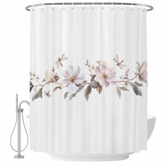 Flowers Dragonfly Fabric Shower Curtain Watercolor Style Washable Shower Curtains for Bathroom, Waterproof Bath Curtain with Hooks Home Decor 36x72in