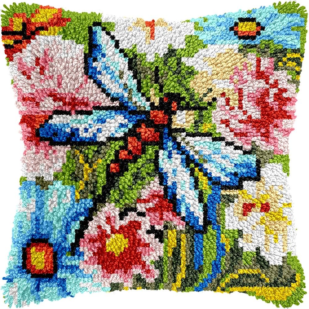 Flowers Dragonfly Latch Hook Pillow Kits for DIY Handmade Throw Pillow Cushion Embroidery Latch Hooking Pillowcase Kits with Preprinted Canvas Crochet Yarn Kits 17''X 17''(g22)
