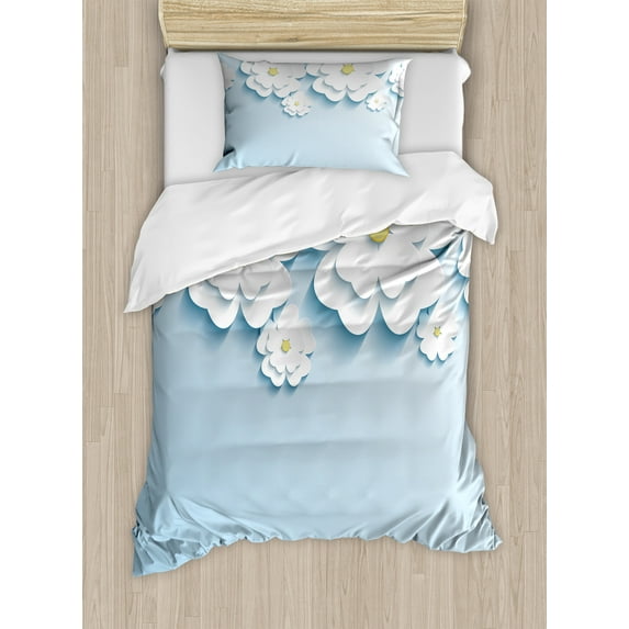 Flowers Duvet Cover Set, Abstract 3D Style Effect Cherry Blossoms Modern Spring Sakura Pattern, Decorative 2 Piece Bedding Set with 1 Pillow Shams, Twin Size, Pale Blue and White, by Ambesonne