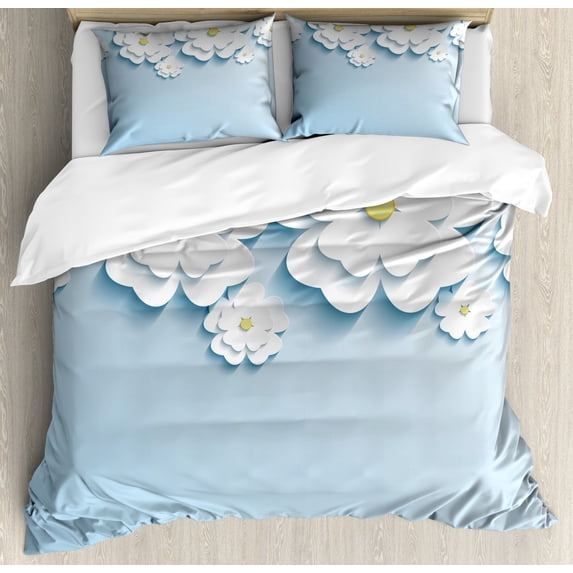 Flowers Duvet Cover Set, Abstract 3D Style Effect Cherry Blossoms Modern Spring Sakura Pattern, Decorative 3 Piece Bedding Set with 2 Pillow Shams, Queen Size, Pale Blue and White, by Ambesonne