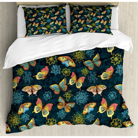 Flowers Duvet Cover Set, Butterflies and Flowers Springtime Nature Inspired Print Illustration, Decorative 3 Piece Bedding Set with 2 Pillow Shams, King Size, Yellow and Petrol Blue, by Ambesonne