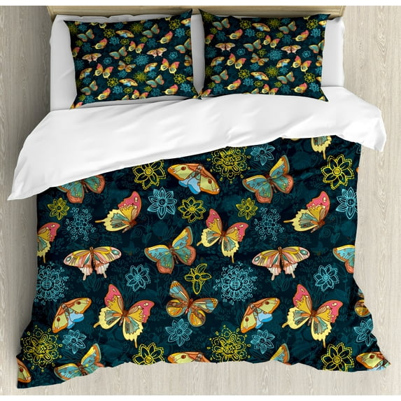 Flowers Duvet Cover Set, Butterflies and Flowers Springtime Nature Inspired Print Illustration, Decorative 3 Piece Bedding Set with 2 Pillow Shams, Queen Size, Yellow and Petrol Blue, by Ambesonne