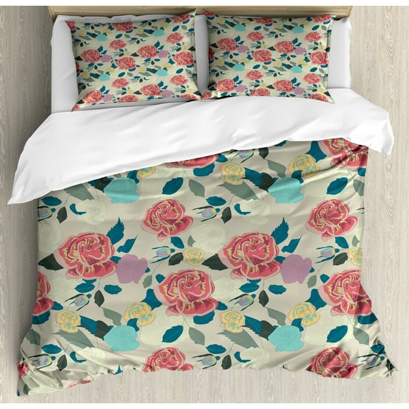 Flowers Duvet Cover Set, Colorful Grown Roses and Leaves Floral Design, Decorative 3 Piece Bedding Set with 2 Pillow Shams, King Size, Pale Taupe Pale Rust, by Ambesonne