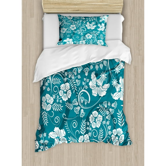 Flowers Duvet Cover Set, Floral Romantic Modern Design Beams Blossoms Leaves Plants Image, Decorative 2 Piece Bedding Set with 1 Pillow Shams, Twin Size, Petrol Blue Teal White, by Ambesonne