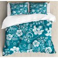 thumbnail image 1 of Flowers Duvet Cover Set, Floral Romantic Modern Design Beams Blossoms Leaves Plants Image, Decorative 3 Piece Bedding Set with 2 Pillow Shams, King Size, Petrol Blue Teal White, by Ambesonne, 1 of 3