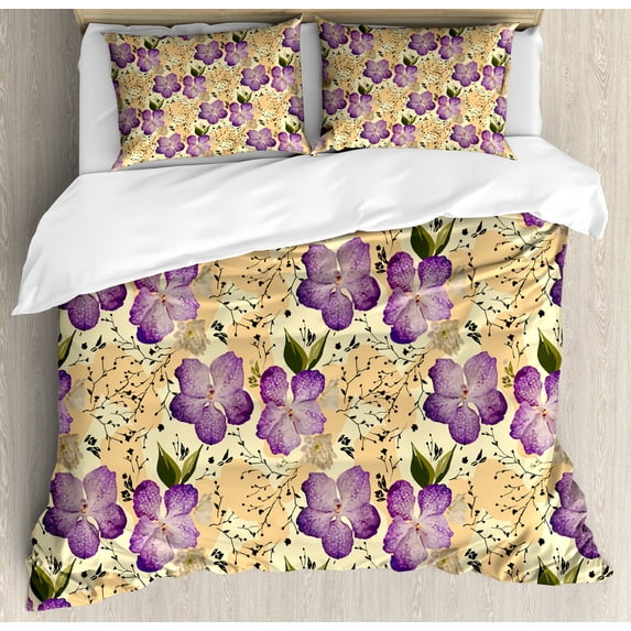 Flowers Duvet Cover Set, Floral Theme Blooming Orchids Pattern with Leaves Natural Art, Decorative 3 Piece Bedding Set with 2 Pillow Shams, King Size, Violet Peach, by Ambesonne