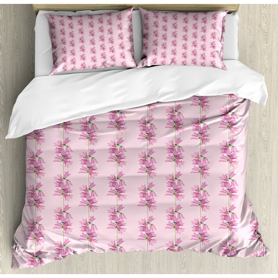 Flowers Duvet Cover Set, Floral Theme Bluebells in Soft Colors Botanical Design Natural Art, Decorative 3 Piece Bedding Set with 2 Pillow Shams, King Size, Pale Pink Pale Purple, by Ambesonne