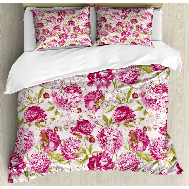 Flowers Duvet Cover Set, Floral Theme Vintage Pink Peonies and Leaves Spring Nature Pattern, Decorative 3 Piece Bedding Set with 2 Pillow Shams, Calking Size, Pink White Olive Green, by Ambesonne