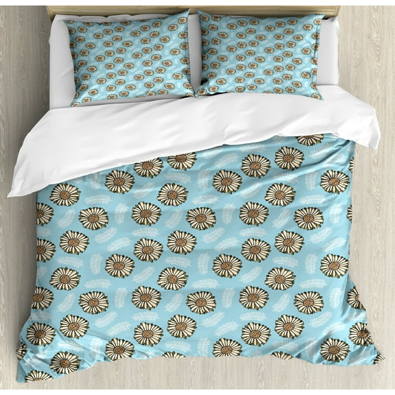 Flowers Duvet Cover Set, Gerbera Transvaal Daisy Flowers Along Plumage Shaped Soft Leaves, Decorative 3 Piece Bedding Set with 2 Pillow Shams, Calking Size, Pale Azure Blue and Sepia, by Ambesonne