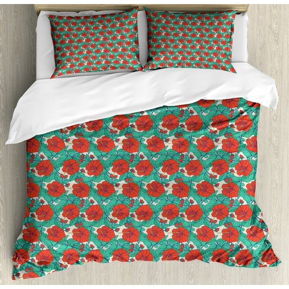 Flowers Duvet Cover Set, Hibiscus Blossom Bouquets Pattern Exotic Buds Leaves Flourishing Tropical, Decorative 3 Piece Bedding Set with 2 Pillow Shams, King Size, Scarlet Sea Green, by Ambesonne