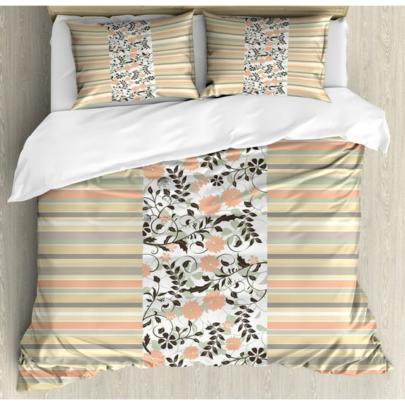 Flowers Duvet Cover Set, Pastel Toned Horziontal Striped and Vintage Floral Ornaments Composition, Decorative 3 Piece Bedding Set with 2 Pillow Shams, Calking Size, Salmon and Multicolor, by Ambesonne