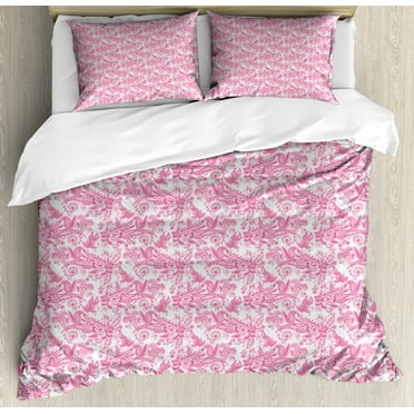 Flowers Duvet Cover Set, Print of Floral Themed Pinkish Paisley Pattern from Abstract Garden Leafy Ornaments, Decorative 3 Piece Bedding Set with 2 Pillow Shams, Calking Size, Pink, by Ambesonne