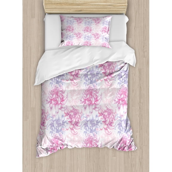 Flowers Duvet Cover Set, Romantic Floral Design Chrysanthemum Blossoms Leaves Abstract Print Art, Decorative 2 Piece Bedding Set with 1 Pillow Shams, Twin Size, Pink and White, by Ambesonne