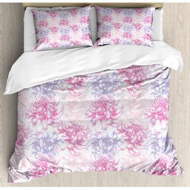 Flowers Duvet Cover Set, Romantic Floral Design Chrysanthemum Blossoms Leaves Abstract Print Art, Decorative 3 Piece Bedding Set with 2 Pillow Shams, Calking Size, Pink and White, by Ambesonne