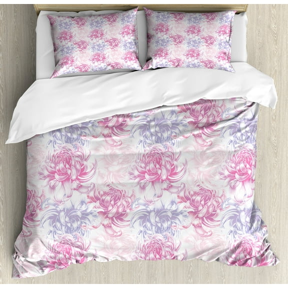 Flowers Duvet Cover Set, Romantic Floral Design Chrysanthemum Blossoms Leaves Abstract Print Art, Decorative 3 Piece Bedding Set with 2 Pillow Shams, King Size, Pink and White, by Ambesonne