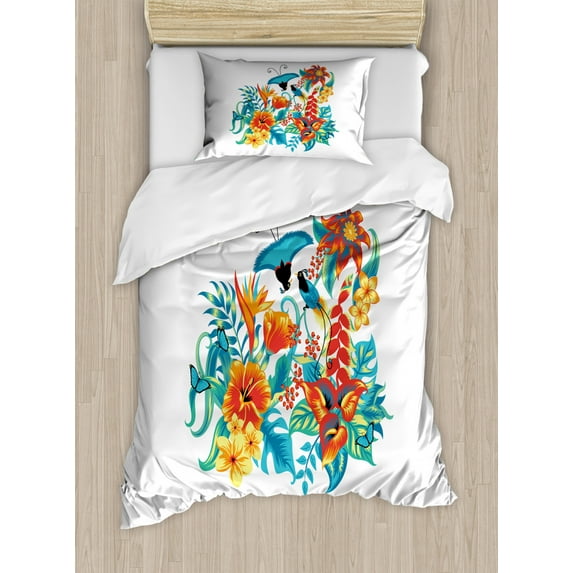 Flowers Duvet Cover Set Twin Size, Tropical Exotic Jungle Foliage with Birds Hawaiian Island Flowers Retro, Decorative 2 Piece Bedding Set with 1 Pillow Sham, Blue Turquoise Orange, by Ambesonne