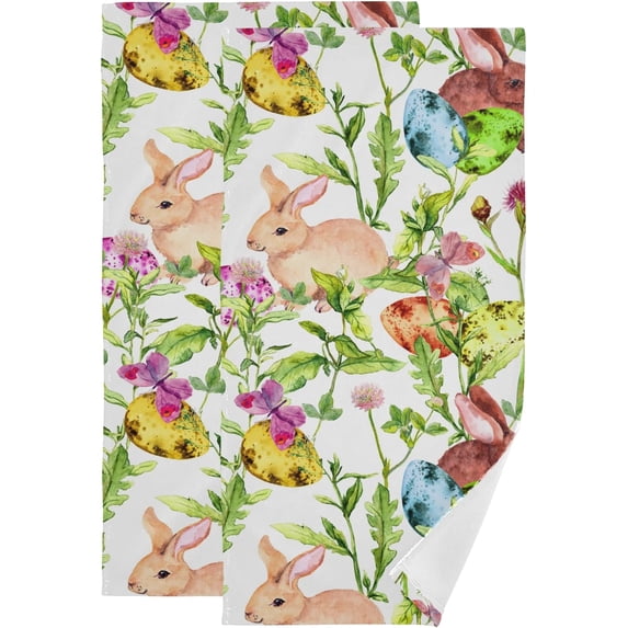 Flowers Easter Bunny Hand Towels 2 PCS, Colored Eggs Butterflies Kitchen Towel Ultra Soft and Highly Absorbent,Decorative Fingertip Face Towel for Bathroom Hotel, 28.3"x14.4"