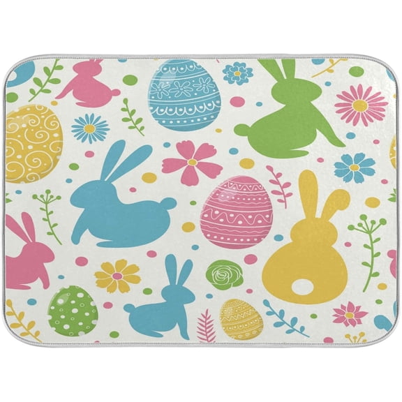 Flowers Eggs Bunny Easter Dish Drying Mat 16 X 18 Inches Spring Rose Leaves Peeps Rabbits Dry Dishes Pads Mats for Kitchen Tableware Protector Countertops Counter Home Decorations