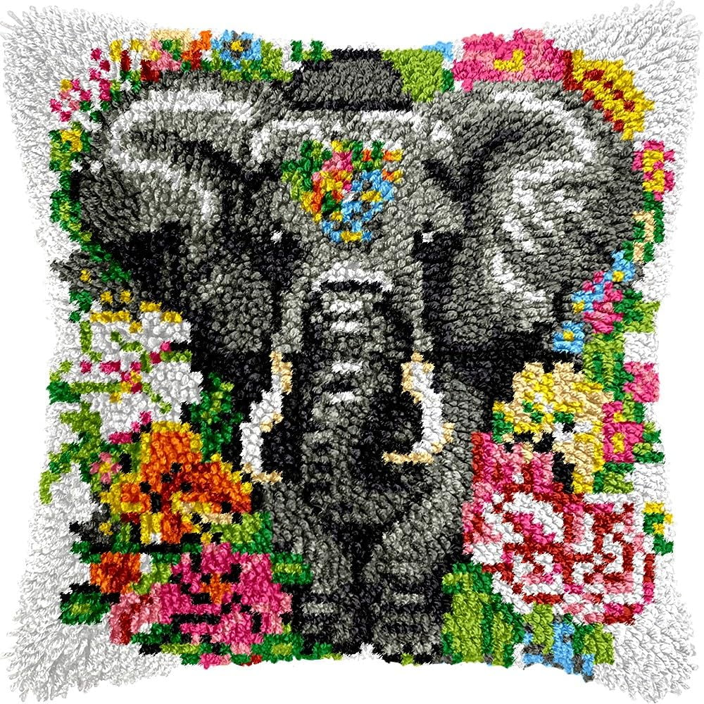 Flowers Elephant Latch Hook Pillow Kits for DIY Handmade Throw Pillow Cushion Embroidery Latch Hooking Pillowcase Kits with Preprinted Canvas Crochet Yarn Kits 17''X 17''(g80)