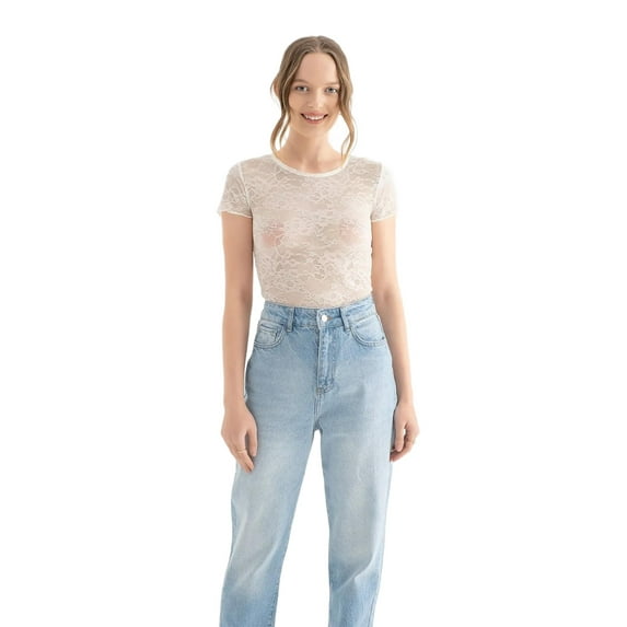 Flowers Embroidered Round Neck Mesh Top