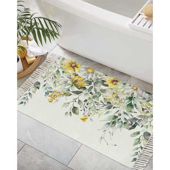 Flowers Eucalyptus Bath Rug 2x3ft Woven Bathroom Entryway Runner Rug,Rustic Botanical Daisy Leaves Floral Washable Living Room Hallway Bedroom Kitchen Carpet with Tassels,Indoor Outdoor Doormat