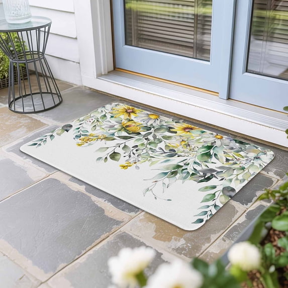 Flowers Eucalyptus Door Mat Indoor Outdoor,Rustic Botanical Daisy Leaves Floral Non Slip Welcome Mat with Rubber Backing,Absorbent Fabric Front Door Mats Entryway Rug for Home Patio Entrance 18"x30"