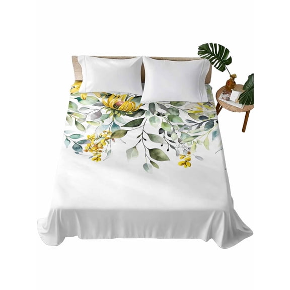 Flowers Eucalyptus Flat Sheet Only Twin Size, Soft Breathable Bed Top Sheets for Mattress, Rustic Botanical Daisy Leaves Floral Luxury Bedding Flat Sheets for Home Hotel Bedroom Bed Protection