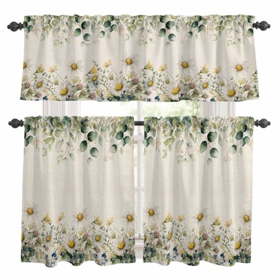 Flowers Eucalyptus Kitchen Curtains Sets for Windows 36 Inch Length, Vintage Country Botanical Floral Leaves Rod Pocket Window Treatments Tier Curtains and Valances Set for Bedroom/Bathroom