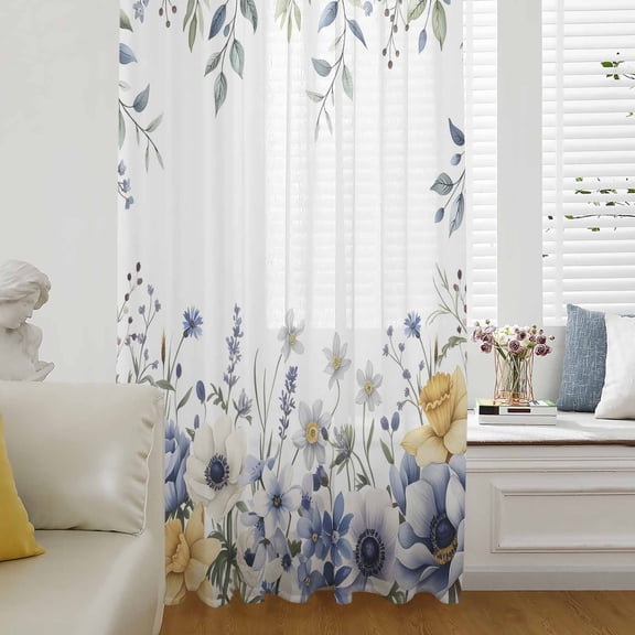 Flowers Eucalyptus Semi Sheer Curtains Drapes for Living Room, Bedroom, French Doors Window 63 Inches Long, Watercolor Botanical Floral Leaves Rod Pocket Chiffon Curtain Drapery Voile Drape Panel