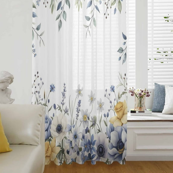 Flowers Eucalyptus Semi Sheer Curtains Drapes for Living Room, Bedroom, French Doors Window 96 Inches Long, Watercolor Botanical Floral Leaves Rod Pocket Chiffon Curtain Drapery Voile Drape Panel