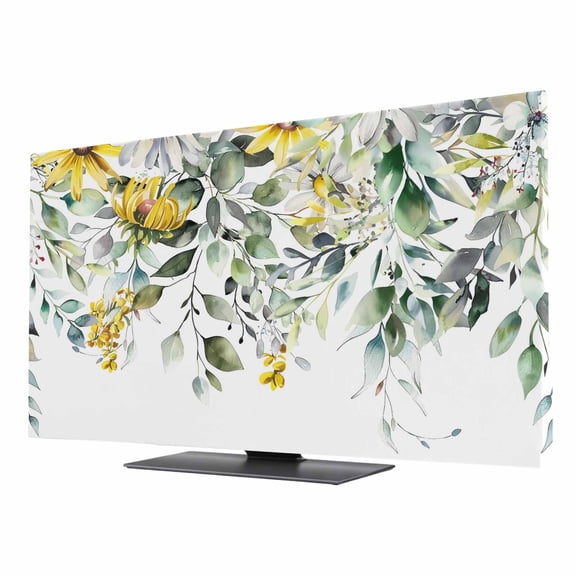 Flowers Eucalyptus TV Cover for 24 Inch Screen,Stretch Fabric Dustproof TV Display Protector,Rustic Botanical Daisy Leaves Floral Elastic Slipcover Monitor Cover for Desktop Computer 20.9"x11.8"